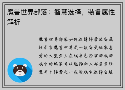 魔兽世界部落：智慧选择，装备属性解析